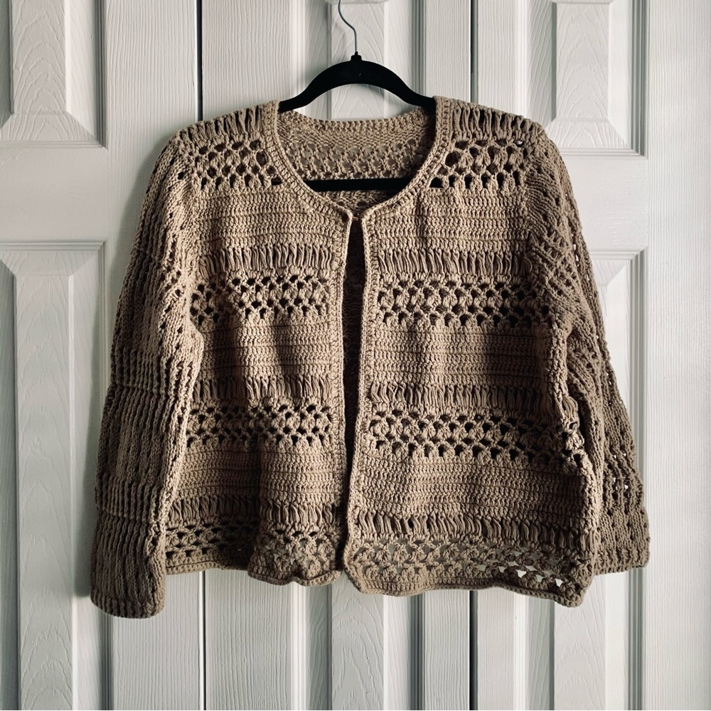 Vintage Crochet Knit Cropped Cream Cardigan Sweater